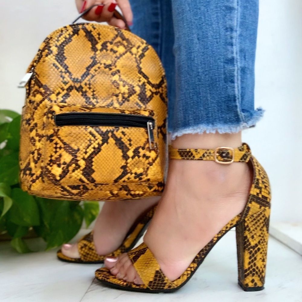 Mustard Snake Ankle Open Toe Block Heel